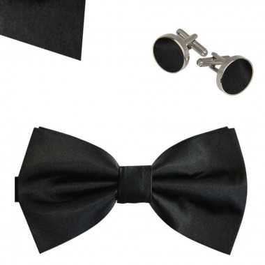  Set papion, butoni camasa, batista, negru uni, butterfly